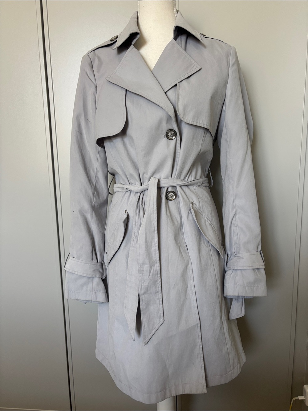 London Fog Light Gray Trench Coat with Waist Tie